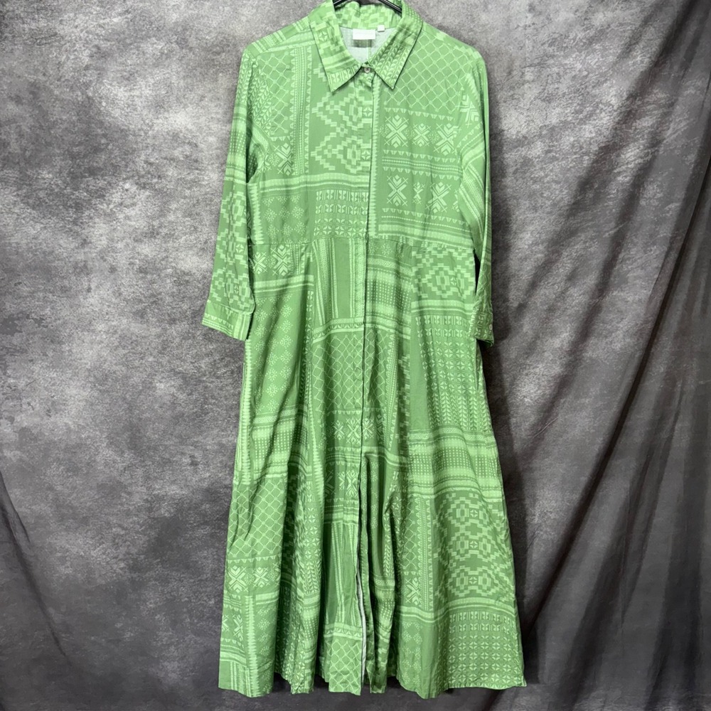 Julia Amory Maxi Shirt Dress Size L Sage Tangier Patchwork Block Print Aztec